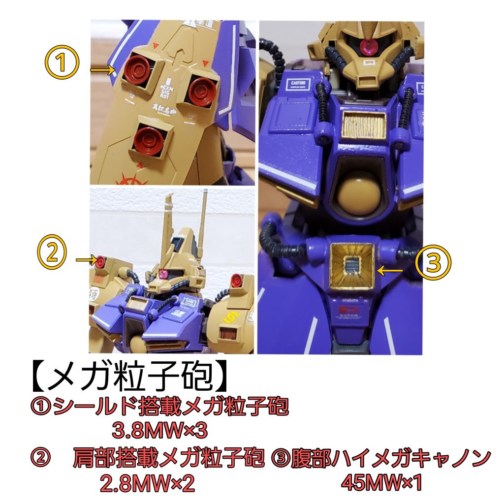 機体解説:ジェネレータの高出力化の恩恵はそれだけではない。本機の最大の特徴は機体各所に装備されているメガ粒子砲及び、腹部のハイメガキャノンである。【参考】ZZガンダムの頭部ハイメガキャノンは50MW