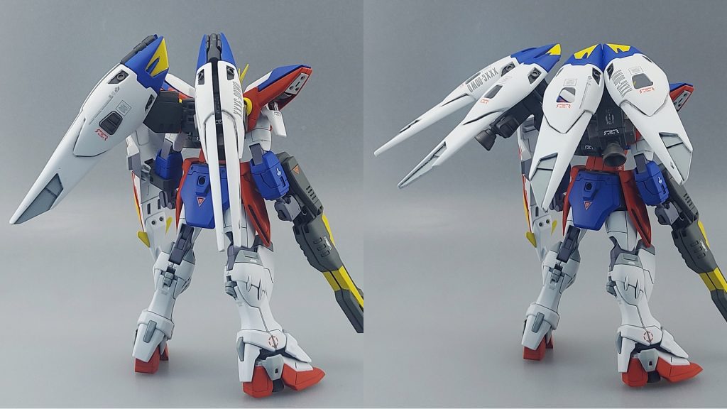 背面からウイングバインダーのヒンジを30MMのジョイントとウェーブのプラパイプを使用し、設定画に近い形になるようにしています