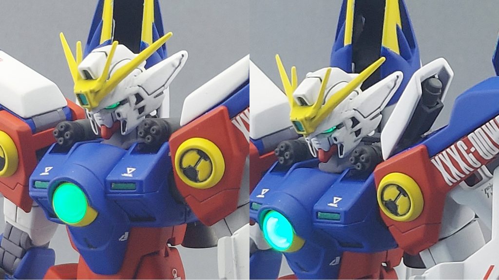 肩部マシンキャノンはカバーを外し、砲身パーツとの差し替えにて再現、砲身パーツはMGウイングガンダムプロトゼロのものを切り貼りにて肩アーマー上部のビームサーベルラックをプラ板にて製作、ダミーグリップを用意し、収納状態を再現しています