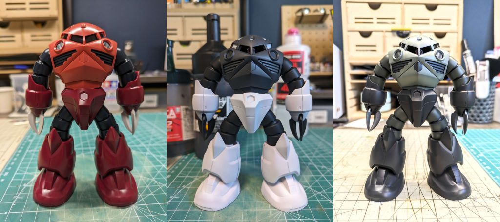 素組み、下地塗装後、本塗装後の比較。やっぱりオムツはいてるようにしか見えんわ笑