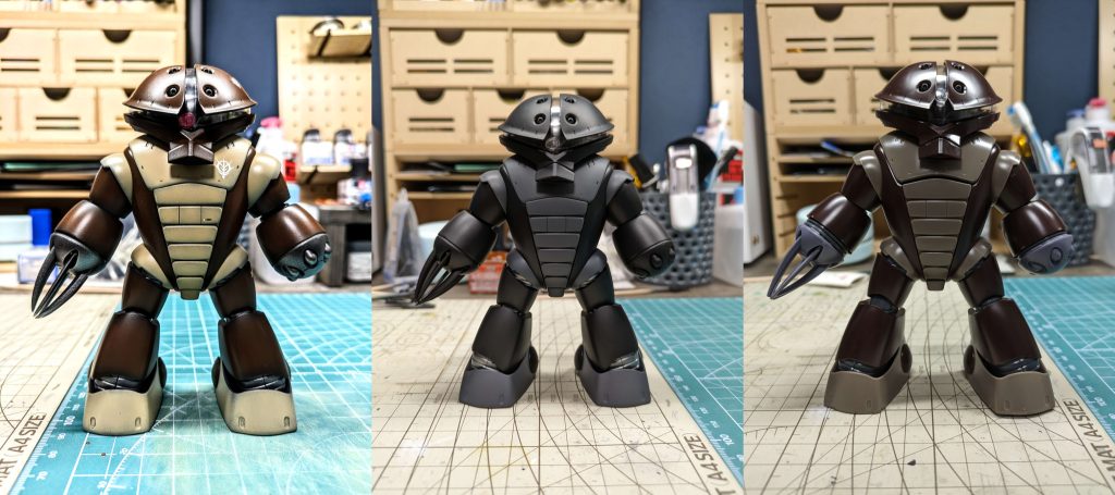 左から塗装後、下地塗装、仮組みです。ズゴックとまとめてウェザリングを、と思ってましたがアッガイ綺麗に置いておきたくなっちゃってズゴックしかウェザリングしてないです😅有言不実行になっちゃったな…