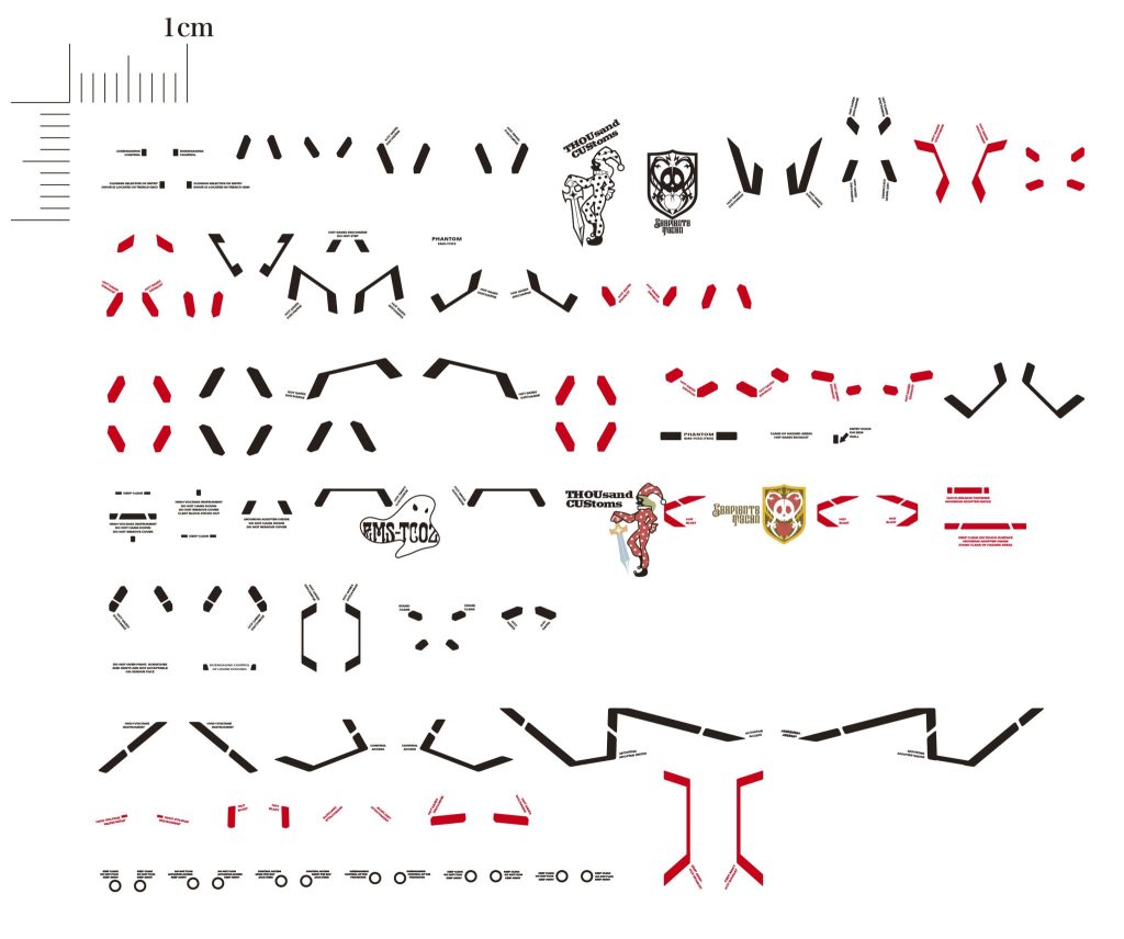 たぶんこれがマーキングデカール全部（発動モード用のも入ってます）。リコーSP C250Lプリンター＆ハイキューパーツの白トナーで出力しました。どうしてもカスレてしまうので実際には文字はこの画像より0.05pt太らせています。白マーキングは２枚重ねして発色を出しました。そのせいでますます手間がかかってしまった。
