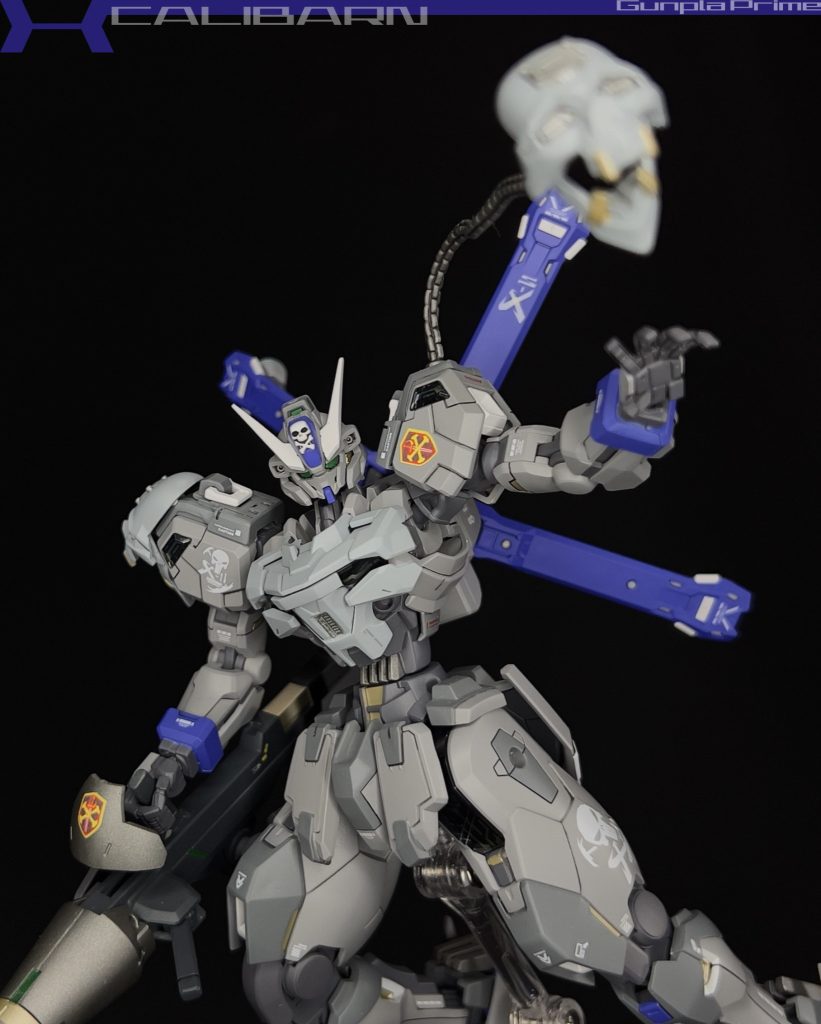 Vフィンはクロスボーン・ガンダムの外観に合わせて細く変更されています。カリバーンの頭にクロスボーンのミニチュア頭蓋骨も追加しました。これらの修正により、キャリバーンが他のクロスボーン ガンダムに適合するようになりました。