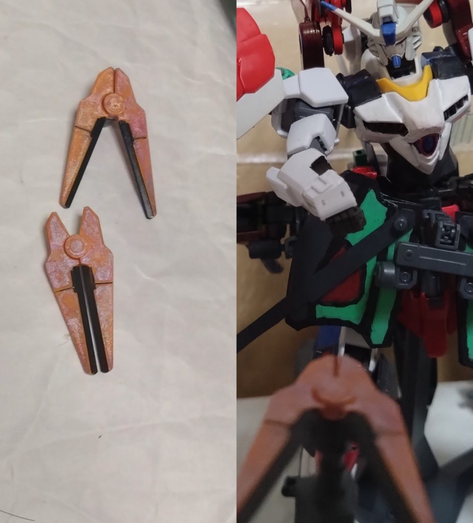 そして今回初めて紹介する武器『シザークナイ』×10GNキャノン等が装備されている各コンテナに5本ずつ搭載されている投擲武器。計10本あるという設定。これは『ガンダムハルート』の『シザービット』を投げつける武器としてオミットさせたモノ。投げつけるハサミで敵を切断する。その切れ味はシールドすら切断可能。