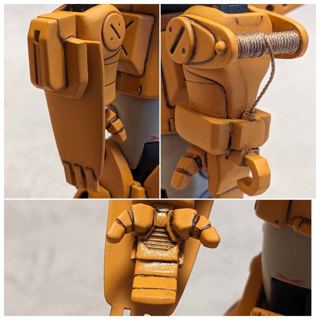 そして、このMSの一番の肝と言ってよい腕部について。まず拳パーツですが、実はこの作例を作ろうと詳しく調べるまでこんな形だと知りませんでした。そして、hgucネモやら、ジム・カスタムやらの角々しいハンドパーツを切った貼ったして作りました。 右腕のシャベルは一応上下にスライドさせる事が出来ます。左腕のウインチ部は完全に見てくれだけで動きません。ワイヤーは太い糸を巻いてます。