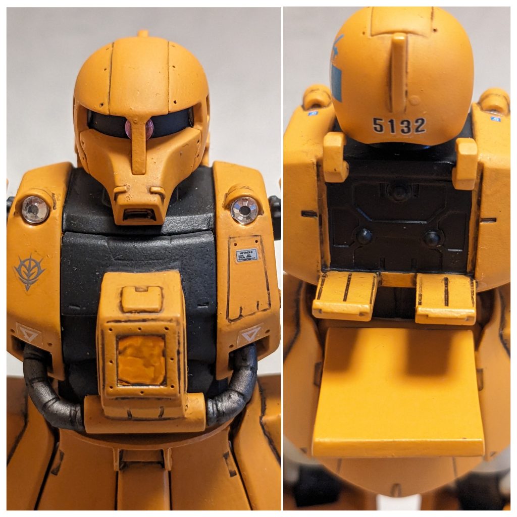 胸部および背部アップ。口元が間延びしてるので何かしらディテールアップしてみた所、チョビ髭みたくなってしまいましたが、作業員っぽくていいかなと思いました。また、肩のライトはそこだと下の方が照らされないだろうって感じですが、オリジンザクを参考に見栄え重視で取り付けました。 背部のリフト部はhguc旧ザクのバズーカラックを加工して取り付け、ランドセルが付いていた所にはちょうどよい内部ディテールがあり、穴を塞ぐだけで良い感じになりました。