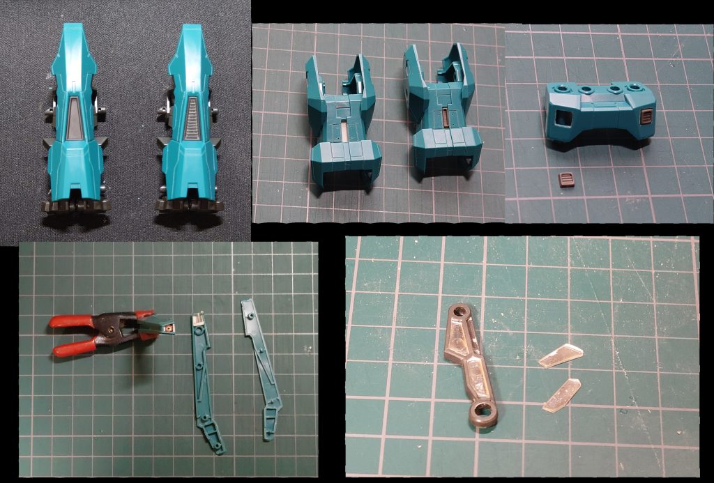 脛の奥まったスラスター状の箇所などはそれらしくスジを彫り込んで、ディティールアップパーツを貼り付ける部分はナイフやピンバイスで開口して段差を作り埋め込むように設置。フェーズドアレイキャノンは劇中で攻撃に使用しておらず、キットも砲口らしき部分は底が浅くノッペリしてたのでパイプや金属パーツでそれらしいディティールを作成。キャノンのアーム部分のシェルユニットはUVクリアジェルでクリアパーツを作り裏面にラピーテープを貼りました。