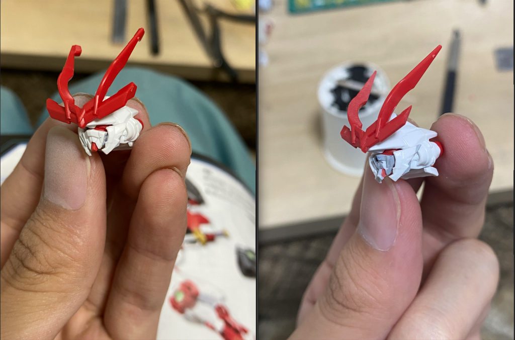 フェイスパーツは従来のものだと精悍さがたりないと思い、余剰パーツの通常アストレイのものを改修。ついでにアンテナを縮小しました。