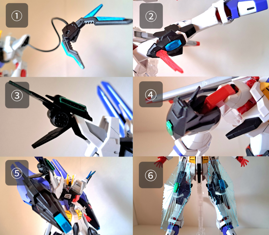 ①パンツァーアイゼン 左肩に備えるロケット推進式のアンカーで、射出したクローにより相手の補足や破壊が可能。②リヒトファング 左脚膝部から、固定式の大型のビーム刃を形成させることが可能。③コンボウェポンポッド 右肩部に装着される兵装。ガトリング砲とマイクロミサイルランチャーという2種の実体兵装で構成されており、主に迎撃行動で用いられる。④インドラ 右脚膝部に内蔵する電撃兵装。射出したワイヤーユニットを介し高圧電流を流すことにより、相手の機体へ状態異常を与える。⑤ドラグーンシールド P.A.S.の一部を腕部に装着しシールドとして使用可能。⑥ビームシールド ハイペリオンガンダムに搭載されていたモノフェローズ光波防御シールドを改良した防御兵装。左右ともに装備されている。攻撃も可能。