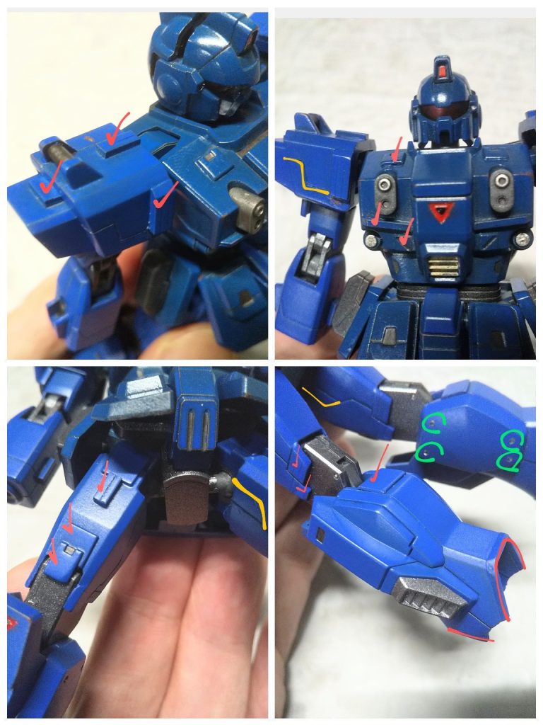 ディティール追加箇所。赤〆:プラ板、プラ棒橙線:スジ彫り緑◯:ドリルディティールの手数は少なめ。元はシールの胸や膝の赤三角はエナメル塗装。バイザーアイの中身は元の赤メタシールをそのまま使用。