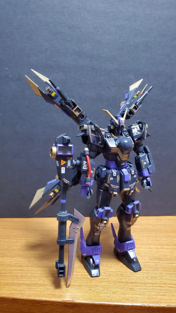 武装解説:クロスボーン系列での特徴とも言えるX字型のフレキシブルスラスターに4基のビーム砲を増設。右腕部には13式対艦ライフル、そして銃剣部には対艦刀を装備している。