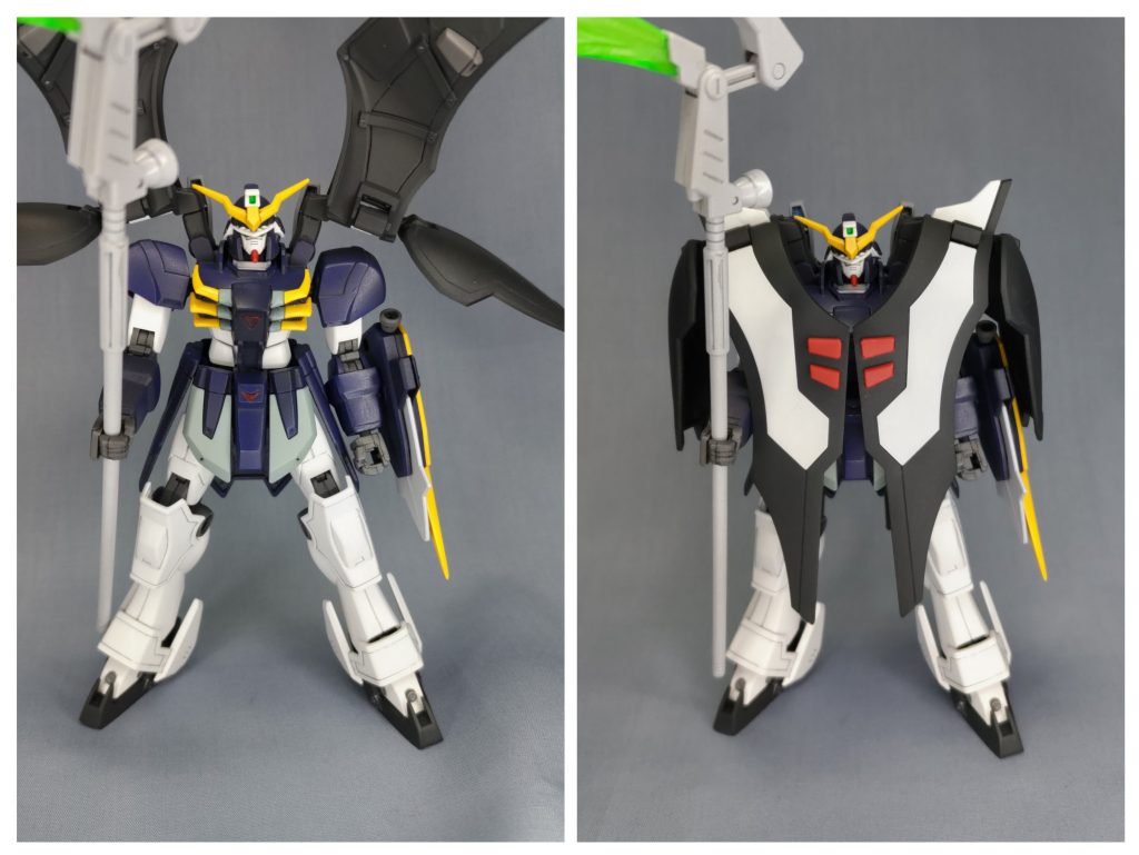 前面から。取説や箱が白黒印刷のみなので、プレミアムバンダイの商品詳細ページ画像を見比べながら塗装しましたが、一部自己判断で変更した箇所もあります。また、肩の段落ちモールドは少し違和感があったので埋めました。…写真だと腕の合わせ目消し跡が目立ちます。塗装すると浮かび上がるのは手間を惜しんだ結果ですね。