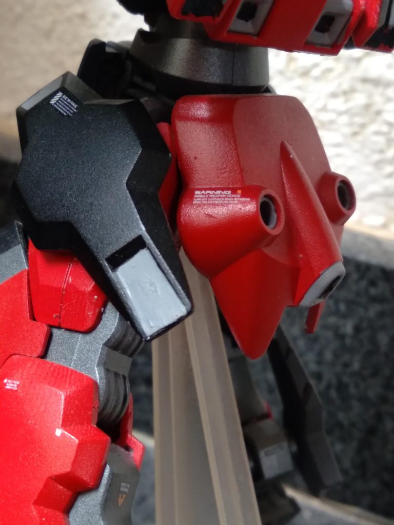 Decals pasted for more information. The colors used were Tamiya grey primer, red, gunmetal, light gray, dark gray, and black. Mr. Hobby metallic blue green lacquer was used on the shell units.