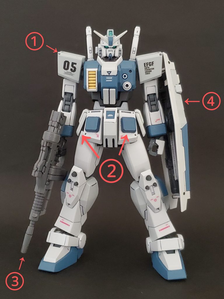 今回は少し違う型、カラーリングの陸戦型ガンダムを製作したいと思い、そこに初期生産型という設定を盛り込んでみました😆🎶僚機の後期型(ノーマル)もカラーを少し合わせたいと思い陸戦型ガンダムを2機作る事となり完成まで時間がかかりました~😅💦初期生産型のカラーリングは赤の配色をなくしてミディアムブルー、グレー、イエローで仕上げました🎵今回のプチ改修ポイント~🤩🎵①ガンダムと陸ガンの間に存在するイメージの機体にするため、肩アーマーのフック掛け?を切り取り✂️排除しました✨②腰前面にはガンダムとの類似点としてHGUCリヴァイブガンダムから四角パーツ、そして腰脇のアーマーも流用して装着してます👍③ビームライフルは初期感が出るようにオリジン版の前期型ビームライフルを採用~😊✨④シールド🛡️は初期型には大型では?🤔と思い、旧HGUCブルーディスティニー3号機の盾をありがたく頂戴して装備させました🎵