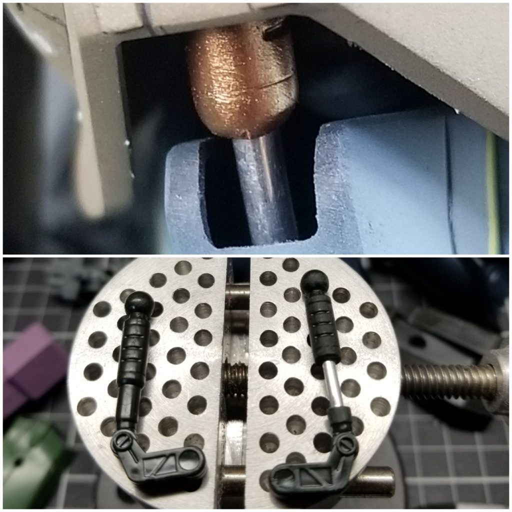 こちらは脚部内部のシリンダー状のパーツ。一体成形だったので半分に切断してアルミ棒を仕込みました。ま、殆ど見えないんですがチラ見え効果は抜群かと✨