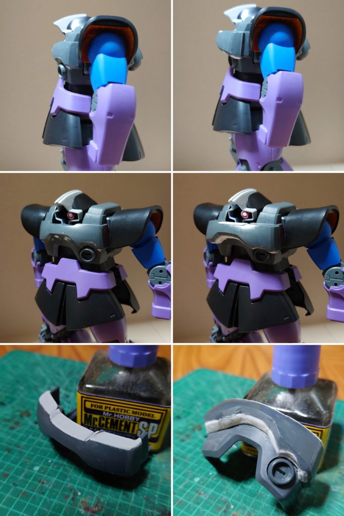 思ったより胸板が薄く感じたので、余剰してたver.1.0の胸の上部分だけを切断して被せてボリュームUP!隙間はプラ板とランナーパテで何回も整形してなんとか形になった(近くで見ちゃダメ)これでだいぶマッチョになったので満足今回1番ガンバったポイントかも知れないちなみに十字モノアイ下の前襟(?)をあえてつけない事でアゴを引いた感じになったのでこれも気に入ってます