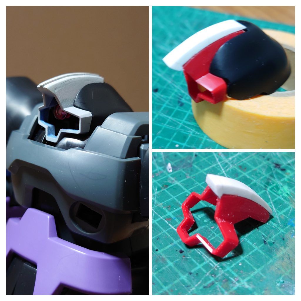 トサカを2mmほど上に延長&前にせり出してリーゼント風にすることでオラオラ感を出してみました。モノアイカバーは無い方が奥まって見えるから好み。モノアイの向き変えやすいし。