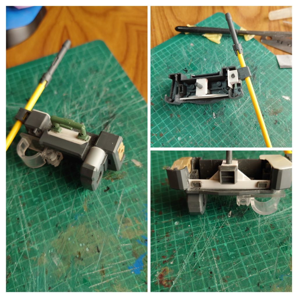 ランドセルはドムの胴体にあるヒートサーベルラックの穴にブッ挿して固定プラ板やジャンクパーツでそれっぽく下面にスラスター的なヤツも付けたけど装着したら全く見えない