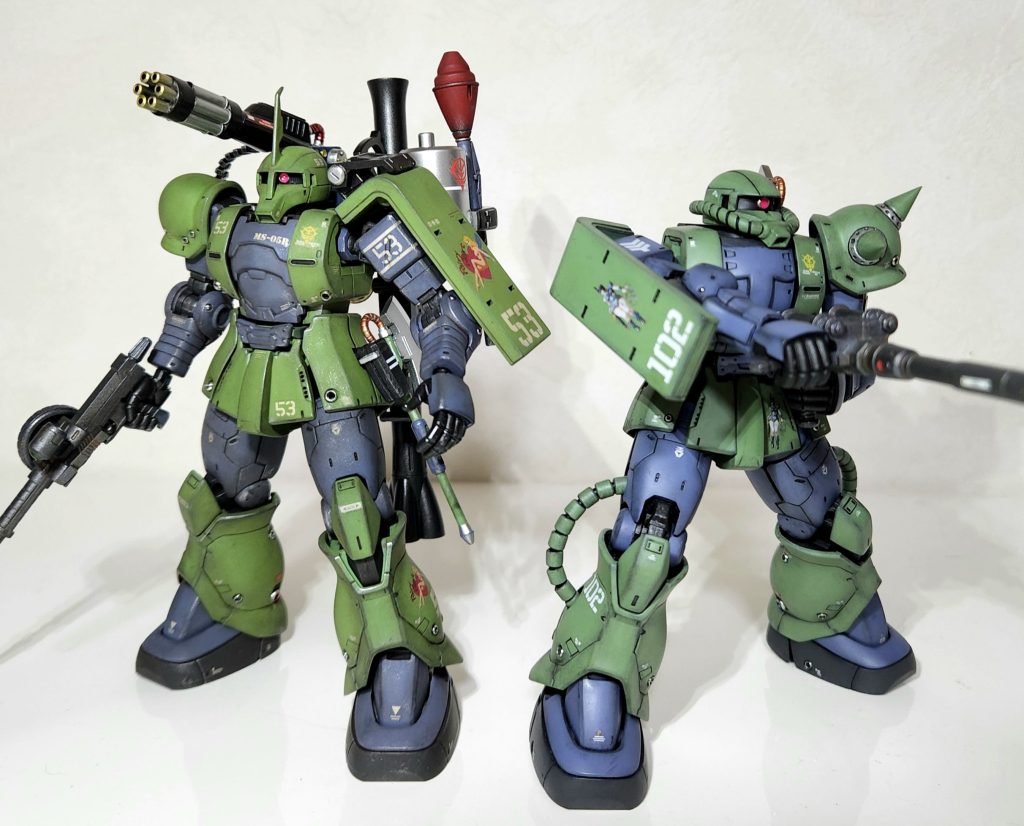 以前作成したザクIIと小隊にしようとして作成してましたが、手持ちの水転写デカールに101がない(꒪д꒪II