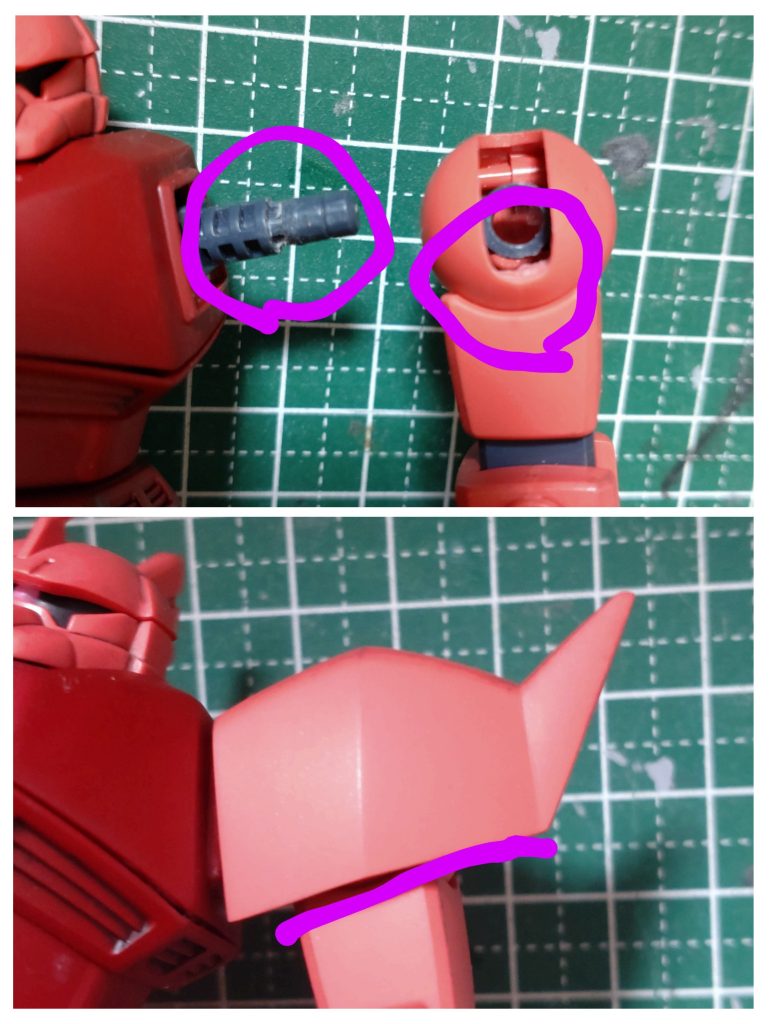 キットのままだと腕が胴体から離れ過ぎてて、かつ真っ直ぐ下に下がらないため、肩の接続軸の削り込みと、受け側も下側に可動範囲が広がるように削り込みました。肩の装甲は、外側に向かって細くなるようにしました。