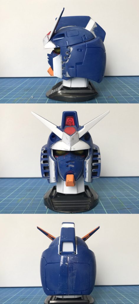 メイキング画像。ガンダムヘッドは、茶、青が出てしまい、これは「青すぎるやろ～」と。手元に置いて眺めていると、だんだん気になる部分が出てきて、思い切って分解し、改造へ（白いところがプラ板を張り付けた部分）。顔は、への字の幅を広げ、頬サイドの縦線を中へ移動、変形機構は削除し、理想の78顔になりました。頭部カメラのグリーンは、(このちょっとのために1ビン買うのもなんだなと)わさびポテトチップスの袋を切って貼りました。