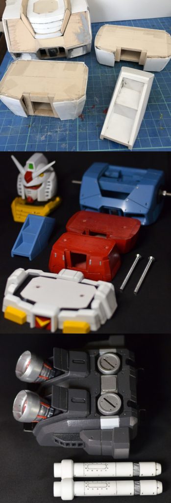 新造部分は、4mmのシナベニヤを骨格にし、表面に1mmのプラ板を張り付けて作っています（ほとんど木工）。塗装は100均の缶スプレーで、コスパが良いです。赤と微妙な青もそのままの色。バックパックとビームサーベルも同じように木をベースにして作っています。ビームサーベルは握る部分で直径13.3mm、ネオジム磁石でバックパックに取り付けます。