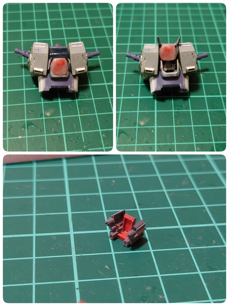 太腿&腰周りをボリュームアップすると、今度は胸部が気になってきます。プラ板でボリュームアップして、コックピットハッチを開ける様に…開閉をヒンジで再現するのは大変な為、ネオジム磁石(極小)を使用して手抜き再現しています。