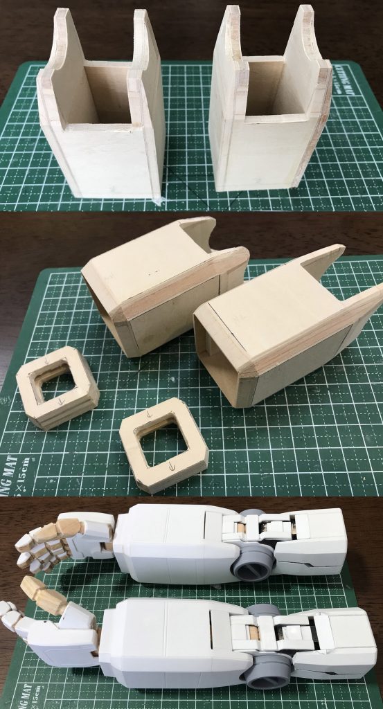 最後に腕を作りました。腕の塗装からエアブラシを導入して、薄いグレーが塗り分けられるようになりました。MGの腕を参考にして、ほぼ同じ2重関節構造です。手は親指の付け根が70度くらい回転、指の基部がアルミ針金で50度くらい可動します。肘のリング型のパーツ（灰色部）のみ、息子に3Dプリンターで作ってもらいました。