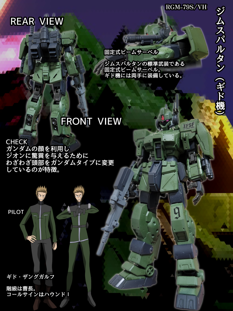 レギオスがビリジアンハウンド隊に配備したジムスパルタンの内の一機。頭部がデュアルセンサーを搭載したガンダムフェイスに変わっているのが特徴。武装は改造アサルトライフル、ビームライフル、ヒートナイフ、固定式ビームサーベル、ハンドグレネード。性能自体は変わっていないが頭部のガンダムフェイスにより敵機に威圧感を与えることができる。パイロットは「ハウンドΙ」のコールサインを持つギド曹長。