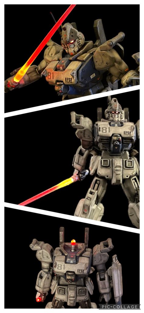 ツインアイとビームサーベルは前回のマゼラに引き続きミライトで発光出来る様にしています。顔パーツをレジンでクリアパーツに作り直し目だけクリアを残して発光させています。首のジョイントパーツを辞めてミライトをはめ込む為のプラパイプを代わりに差し込んでいます。