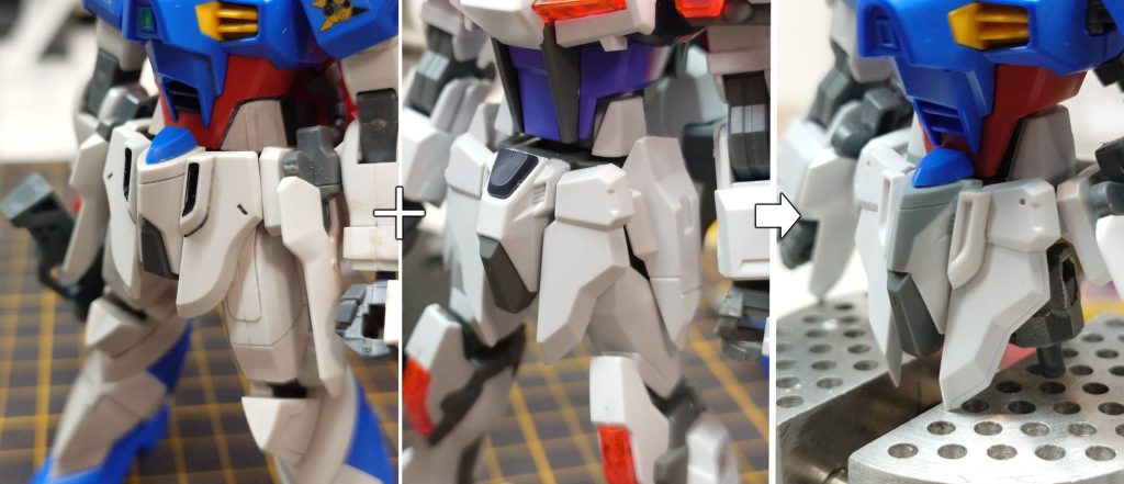 フロントスカートはドレッドノートらしさを一番にだしたかったのでドレッドノートから一部パーツを切断し、ビルドストライクEGのフロントスカートへ移植。センター部分は全く形が違うのでプラ板で積層してからの形状を整えました。