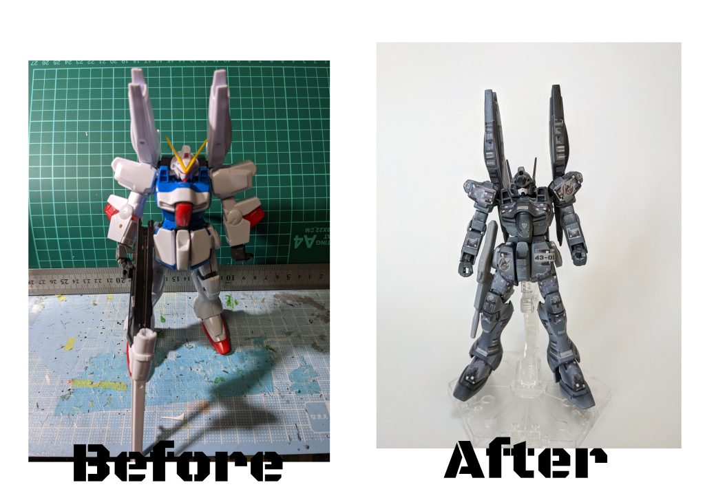 ちょっとアングル違いますがビフォーアフター。肩と肘が物凄くふるへっへんど(盛り上がっている)しているので幅詰め。逆に腕が短すぎでめがなびーむらいふるが構えられないので延長。胴体は側面のだぶつきを解消。顔は旧キット恒例奥に引っ込ませました。Gフレームの肩関節を移植した以外は元のキットをいじりミキシングなどはしていません。上半身のマッシブなプロポーションと膝から脛の曲線がふつくしぃ・・・。