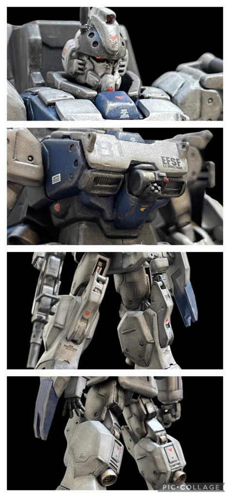 ちょんまげを1ﾐﾘ伸ばし額を1ﾐﾘ削りました。顎や頬の形が気に入らなかったのでプラ材で追加修正し、ストームトルーパーっぽく加工しました。首回りが寂しかったので防弾ジャケット風に改造。両肩は撫で肩に改造し牽引フックの形状を変えました。胸の装甲板がやけに分厚くバランスが悪かったので一回り小さく薄く改造。胴体中央の対人用バルカンが殺風景だったのでガトリング形式に変更し、センサーらしき物を付けました。その両サイドにはEz8には元々無い排気ダクトを設置しています。腰周りの装甲板の丈を短く加工。太腿は細すぎてバランスが悪ったのでディテールも含め大幅に改造しています。その他、脹脛とニーパットにもディテールを加えています。という事で全身ほぼほぼ手を加えています。自分好みのミリタリ寄りに仕上がりました。