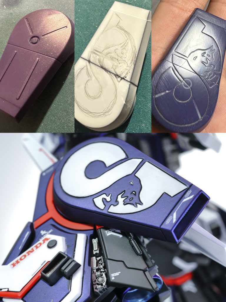 なんと言っても今回1番頑張った所は膝部分のアルファタウリのロゴです!アルファタウリのロゴのデカールなんてあるはずもなく今回は気合いのフリーハンドでスジボリを行いました✍掘るのも塗るのも難しくて何度も挫折しそうになりました…笑