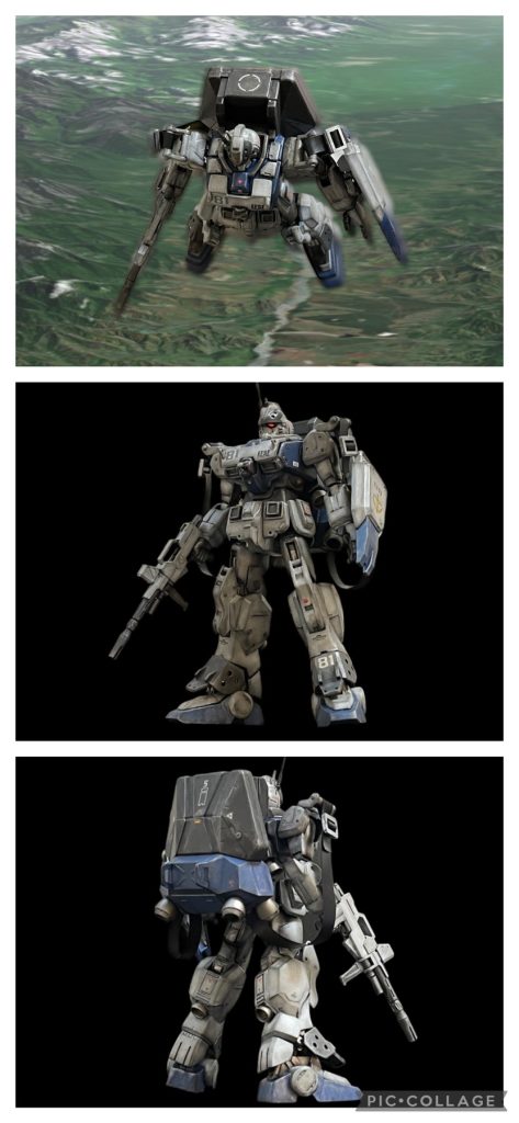 Ｅz8と言ったら私はやっぱりこのパラシュートパックですねー。アニメ中で一番ミリタリチックに見えた姿です。減速用ブースター併用パラシュートでミディアから降下するシーンは痺れました。（劇中のブースター点火映像は陸戦型ガンダムのカレン機でしたが）。ミリタリ好きには堪りません。