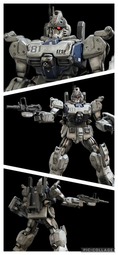 最近話題の「...レクイエム」ですがメカニカルデザインがEz8と同じく山根公利氏とのことで制作中はそれを意識したりしてました。ミリタリっぽく見せようとすると容易に「レクイエム」の雰囲気が出て来たので「ああやっぱり同じデザイナーさんだからか」と納得しました。塗装はアニメの配色を基調に「レクイエム」っぽくメタリックな感じに仕上げました。ヘルメット正面と足の甲はアクセント色にしました。IGLOOガタンクパイロットのヘルメットがヒントとなりました。