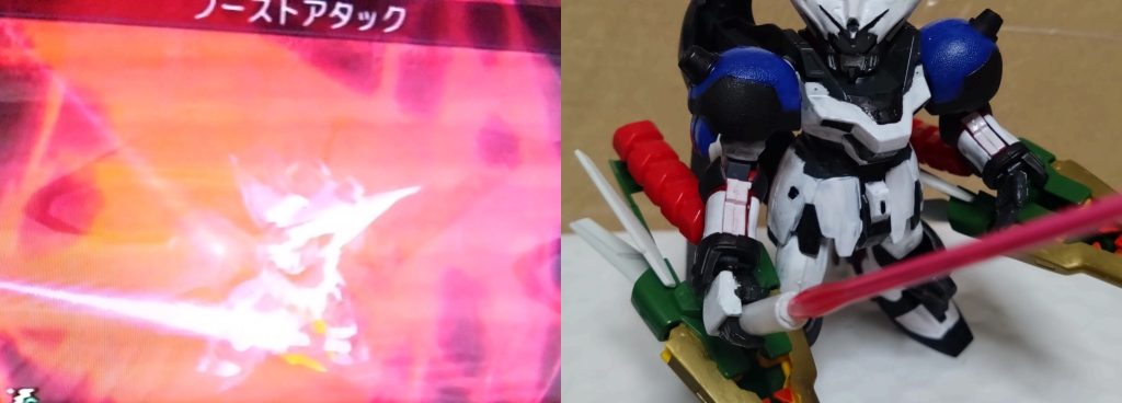 トゥルーオデッセイと言えばブースト技、もしくは必殺技!トラッシュの必殺技の構えもある程度やってみました。武器のサーベルの装備あり無しで使える技があり、装備品によって紹介できない技もありますが、ご了承下さい。ゲームとガンプラ、比較してください。旧キットの為、完全にはできないですが……。最初は『ブーストアタック』。トラッシュが覚えた最初の斬撃技。