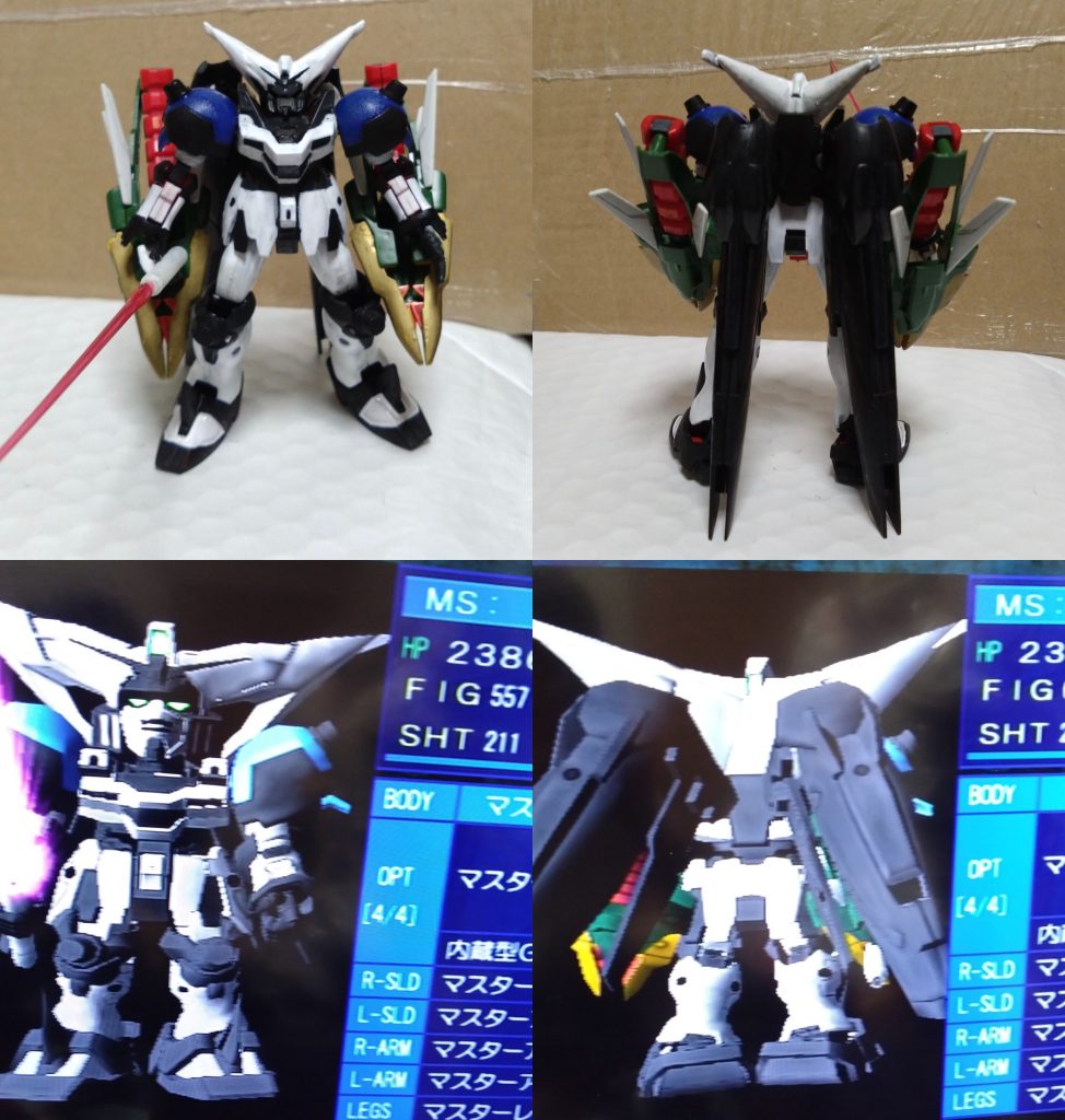 『トゥルーオデッセイガンダム』今回紹介するガンダムで、ゲーム内でも自分なりにミキシングして製作したトラッシュ専用のガンダムになります。裏ボスを倒すと開発できるマスターガンダムをベースに、両腕にアルトロン(ナタク)のドラゴンハングを装着。格闘タイプの中でトップクラスの機体に仕上がったことで、まさにトラッシュ専用機に相応しいガンダム。武器は『ハイパービームサーベル』、『ゴッドバルカン』といった格闘メインの装備。両腕にドラゴンハングを装着したことで格闘値が高め。更に、ドラゴンハングはシールドの代わりとしても使える…と思われます。右手だけ、HGガンダムZZのモノを使用したので武器を持たせた状態になってます。また、ゴッドバルカンは肩の辺りに機関砲の穴を作っただけになります。 ゲームでの機体の色はほとんどが白にしたので、ガンプラも白にカラーリング。一部もある程度、マーカーで塗装しました。