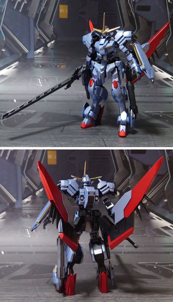 今回の最終形態、ガンダム端白星第2+1形態相当の装備で前後ろ。基本工作としてゲート痕処理、一部パーツの合わせ目消し・後ハメ加工、肉抜き穴埋め、市販のプラ・金属パーツ貼り付け/埋め込みでディティールアップ工作を実施。手首は30MMオプションセットに置き換え、武器持ち手・平手・握り手を用意。上半身を腰との接続部で2mm延長してスタイルを調整、腰サイドアーマーにHGIBOアスタロトリナシメントのものを取り付け。オプション兵装として、第1形態のスマートメイスと110mmショートレンジライフルを用意しました。