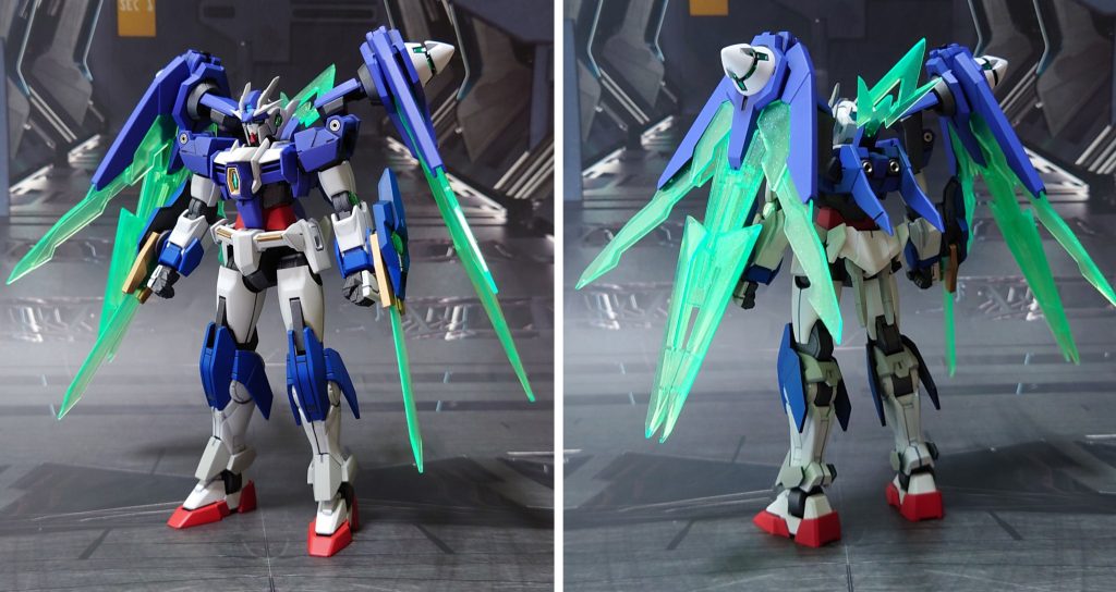 エフェクト全部載せで前後ろ。カラーリングについては、普段色数を減らす変更が多いので、敢えて逆に色数を増やし、ダブルオーダイバーエースも意識したカラーリングに変更しました。また、集光樹脂で成形されたエフェクト類も、先端を尖らせたりヒケ処理したりでヤスリがけ後、ラメフレークと光沢トップコートで表面を整えました。