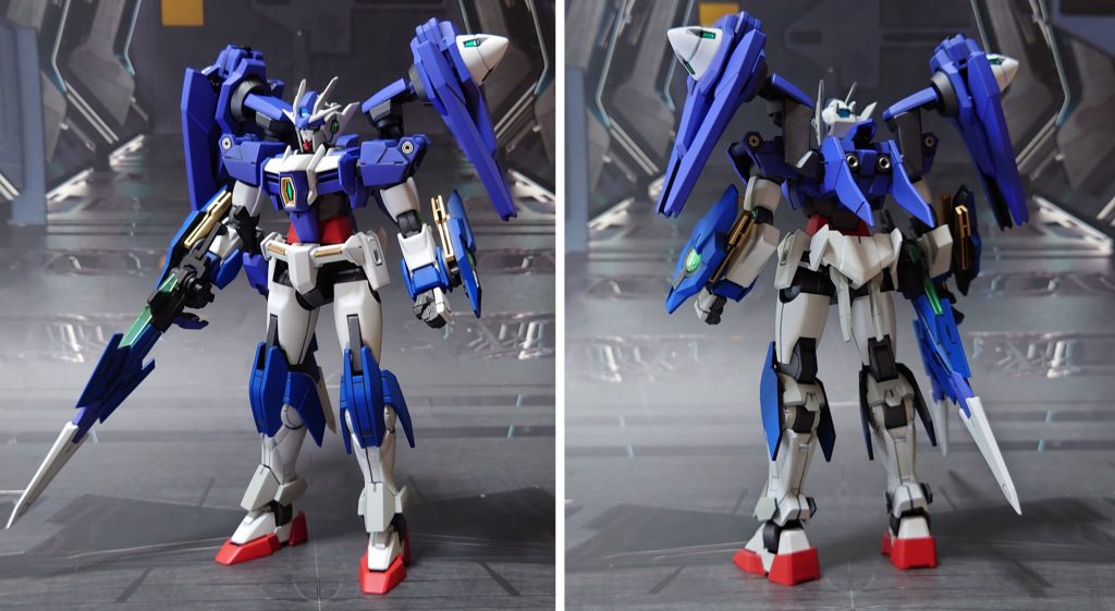 ダブルオーダイバーアクエスの前後ろ。基本工作として、ゲート痕処理、肉抜き穴埋め、一部パーツの合わせ目消し、エッジ尖らせ、市販パーツ貼り付け・埋め込みによるディティールアップ。前腕のコネクタ部分は使わないので、合わせ目消しついでにエポキシパテで埋めました。手首はキット付属のものを使用しますが、銃持ち手はサイズが合っていない(大きい)ので未使用、代わりにHGBFガンダムポータントに付属する握り手を流用・追加。GNソードⅡは、ダイバーエースユニット付属の強化パーツを使用して“スーパーGNソードⅡ”として組み立てました。