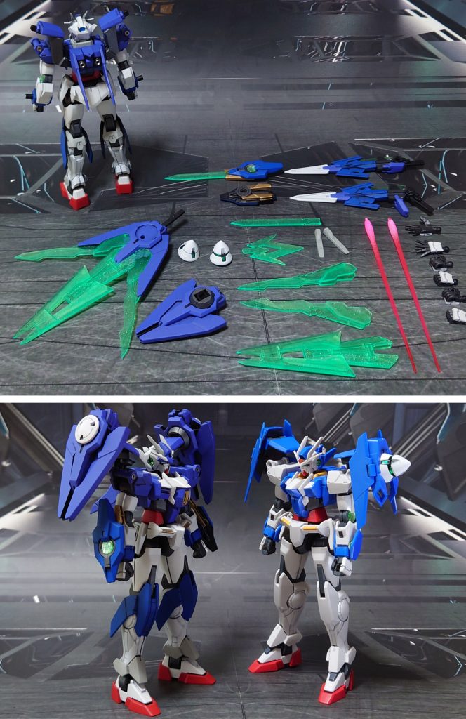 付属品一式と、GNドライヴ(コーンスラスター)マッチングテスト。接続部分の大きさ、軸・穴の位置が一致しているので、無改造で交換可能。アークに薄型スラスターとソードを付けたり、素ダイバーをアップデートしたり。(写真では後で元に戻すため、甘挿しにしています)■塗装レシピ白:黒サフ→シルバーリーフ→グランプリホワイト→つや消し薄グレー:黒サフ→ロイヤルライトグレー→つや消し青∶黒サフ→キャラクターブルー→つや消し青紫∶黒サフ→ブルーバイオレット→つや消し赤:グレーサフ→MSレッド→つや消し金:黒サフ→ゴールド→光沢関節類グレー:黒サフ→ブライトガンメタル→つや消しポリキャップ:PPプライマー→ブライトガンメタル→つや消しツインアイ:ガンダムマーカー・光の翼ホロブルー→光沢頭部センサー:ガンダムマーカー・ガンダムメタブルー→光沢頭部クリアパーツ:光沢腕部・アークブレイサークリアパーツ:表面に光沢→裏面に市販のシール素材を使用スーパーGNソードⅡ本体:黒サフ→MSグレー連邦系→つや消しスーパーGNソードⅡセンサー:(マスキング)→黒サフ→(マスキング)→光沢スーパーGNソードⅡグリップ、アークドライヴユニットグリップ:黒サフコーンスラスター白:黒サフ→ベースホワイト→つや消しコーンスラスター内部:黒サフ→MSグレー連邦系→キット付属シール貼り付け→光沢アークブレイサー・アークドライヴエフェクト:ラメフレーク→光沢ビーム刃エフェクト∶根本側にベースホワイト→先端側にメタリックレッド→全体に蛍光ピンクその他墨入れ・部分塗装:ガンダムマーカー各種を使用