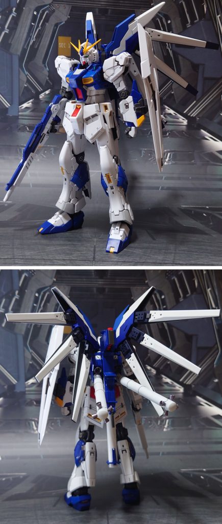 νガンダムff(ファンネルコンテナ試験型)の前後ろ。コンテナ接続のやり方は、RGνガンダムのバックパックのファンネル接続部分を取り付けず、コンテナ接続パーツを代わりに接続するだけ。いつか使うつもりで集めていたHGUC Hi-νガンダムのフィン・ファンネル(可動)6基、及び他で使用しなかったHi-νガンダムインフラックスのファンネルコンテナ、プロペラントタンクの全てを搭載、試作品なので本体と色味が違っても良し、と考え、この部分だけスプレー塗装しました。該当部分の工作はゲート痕処理、穴開けによるディティールアップ。フィン・ファンネル6基+ダミー分2×2基で、計206個の穴を開けました。カラーリングについては、初めて使う色の試し塗りを兼ねて、白と青で塗り分け。また、本体側にはガンダムマーカーでの部分塗装、市販パーツ貼り付けによる軽微なディティールアップ、及び敢えて余剰パーツ側を使用し、一部の色分けを変えてみました。