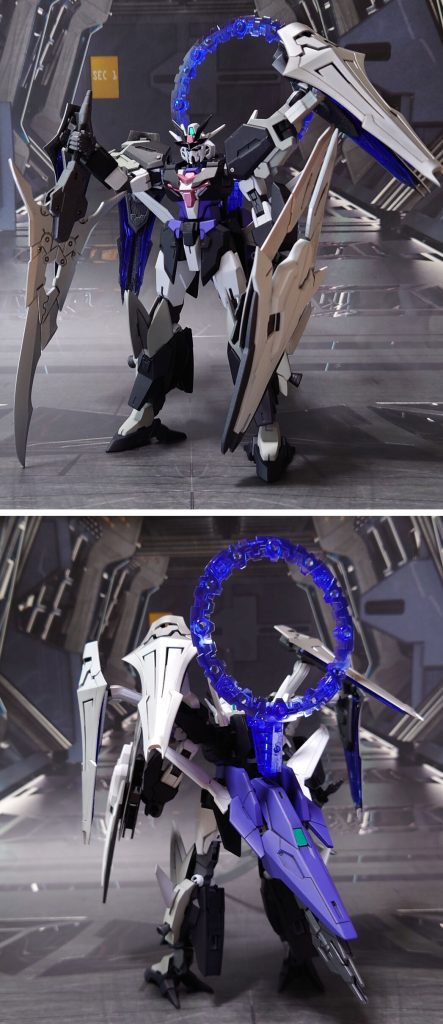 セレストラガンダムの前後ろ。アーマー装着時の手首は、30MMオプションセットから流用しています。