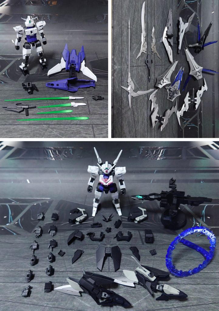 付属品一式。何かあったとき用に、プルートアーマーの元の装備も塗装してあります。■塗装工程白:黒サフ→ベースホワイト→つや消し紫:黒サフ→パープル→つや消しピンク:黒サフ→シルバーリーフ→パールライトレッド→光沢ダークブルー:黒サフ→ダークブルー→つや消し(頭部ダークブルーのみ光沢)銀:黒サフ→シルバーリーフ→つや消しライトグレー:黒サフ→ロイヤルライトグレー→つや消し関節等グレー:黒サフ→ブライトガンメタル→つや消しジョイント類:黒サフポリキャップ:PPプライマー→ブライトガンメタル→つや消しクリアパーツ(成形色青):光沢ツインアイ:黒サフ→ダークブルー→ガンダムマーカー・MEPEホロイエロー→光沢モーントシュベールト銀:黒サフ→ダークブルー→光沢→メタルシルバー→光沢シールド白:黒サフ→シルバーリーフ→ベースホワイト→つや消しビームサーベル刃(クリアグリーン成形を使用):根本側にベースホワイト→先端側にメタリックグリーン→全体に蛍光グリーンその他部分塗装、墨入れ:キット付属シール、ガンダムマーカー各種(つや消し前に実施)