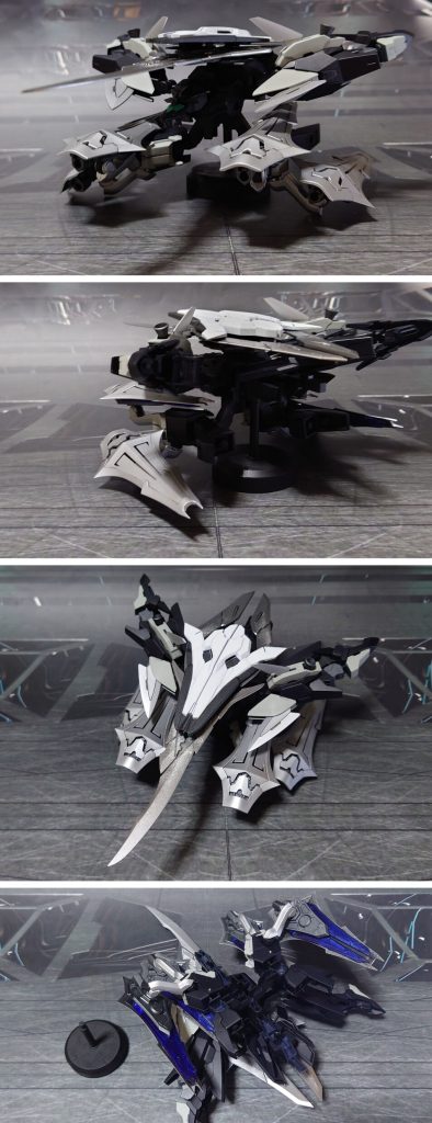 セレスアーマーの前後ろ、上下。装備はHGBFヴァイスシナンジュの剣(モーントシュベールト)と盾、他社プラモのビット盾を追加しています。