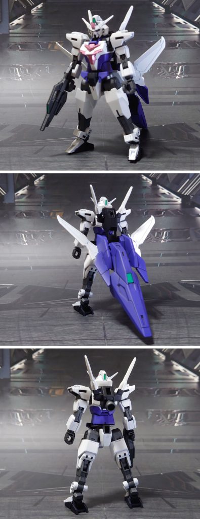 コアガンダムⅡ+の前後ろ。工作は、ゲート痕処理、パーティングライン・段ズレ・ヒケの対処、市販パーツ貼り付け・埋め込みによるディティールアップを実施。“関節が弛い”という話をよく聞きますが、フル塗装したため関節の渋みも良い具合になりました。