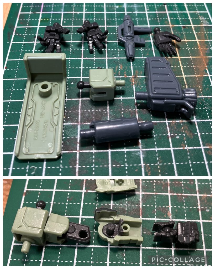 制作途中ジムとザクは並行して作りました。肉抜きは近い色のランナータグで埋め、ザクの手首は後ハメしました。合わせ目も消しましたが、塗装してないので少しわかりますね。