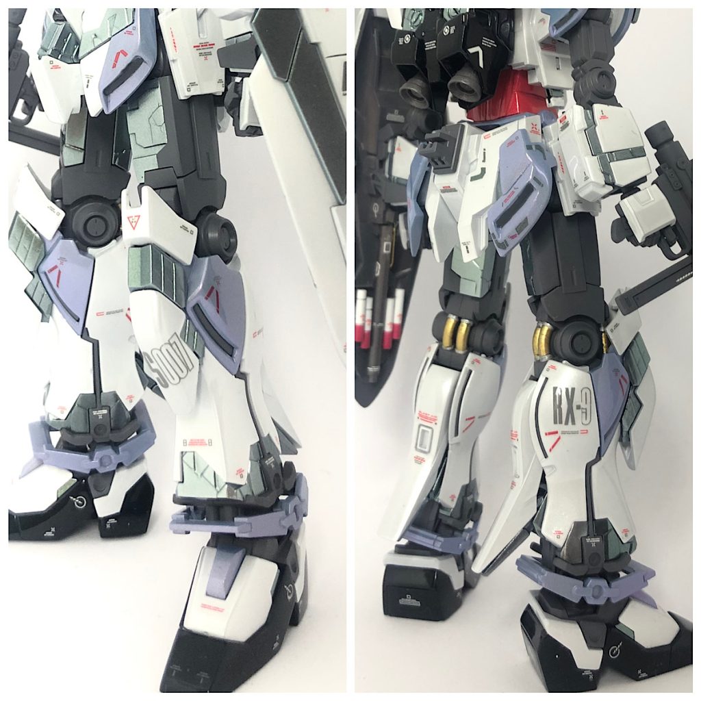 今回デカールワークも力を入れてましたデカール貼るにあたりウサ男さんの作品とver.Kaを参考にさせて頂きました。 個人的にお気に入りなのは左膝にはコールサインのシェザール7のマーキング、右足には型式番号のRX-9をオリジナル要素で貼っています