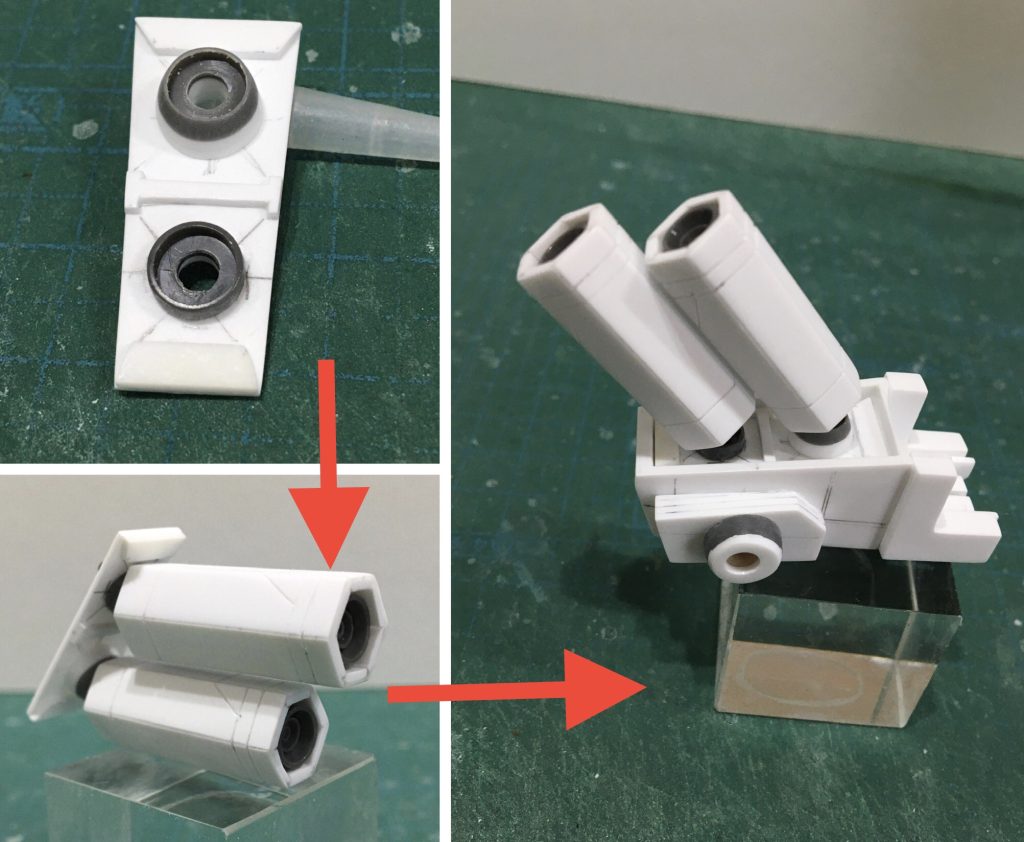 ディランザとの接続基部は、元のバックパックを参考にプラ板で製作しています。